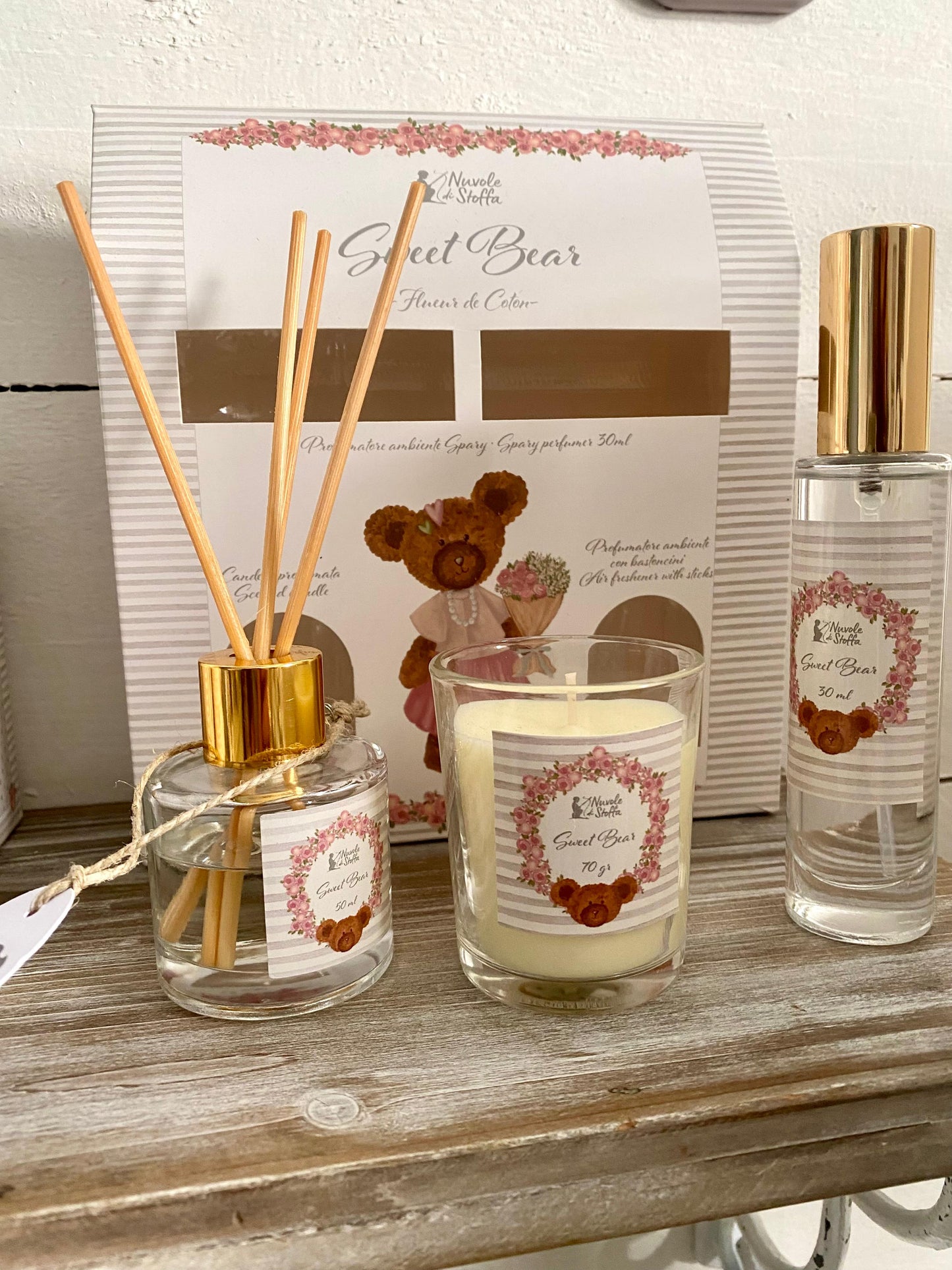 Set diffusore bastoncini, spray e candela Sweet Bear